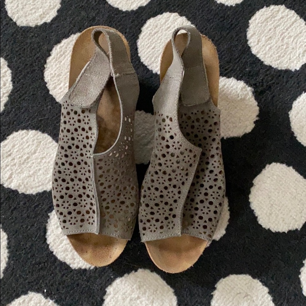 Gray peep toe cork heal wedgie sandals